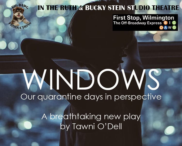 Poster for “WINDOWS,” a quarantine-themed play, with silhouetted figure and bokeh lights at Ruth & Bucky Stein Studio Theatre