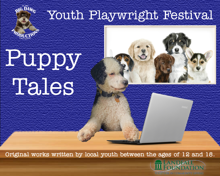 Youth Playwright Festival poster for “Puppy Tales” with puppies on a blue background