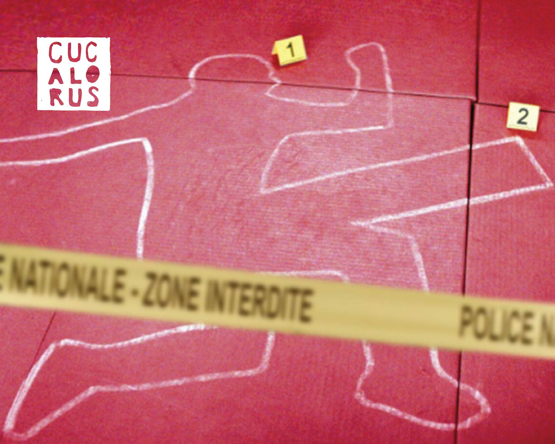 White chalk outline of a body on red pavement behind police tape labeled “zone interdite”