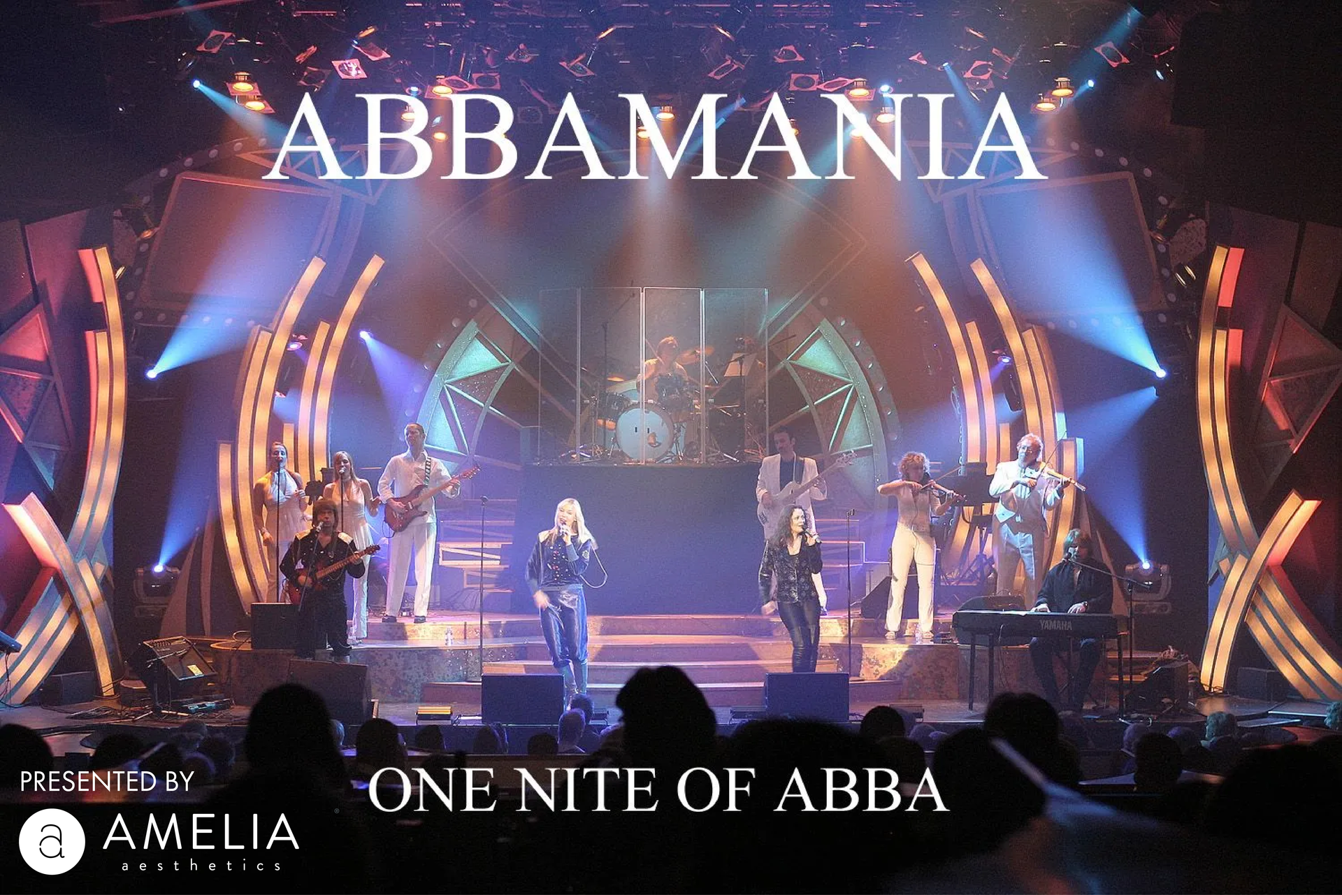 ABBAMANIA concert stage with performers and colorful lights, “ONE NIGHT OF ABBA” text