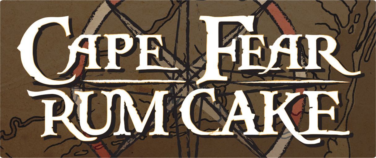 Cape Fear Rum Cake logo in white serif text on a brown illustrated background