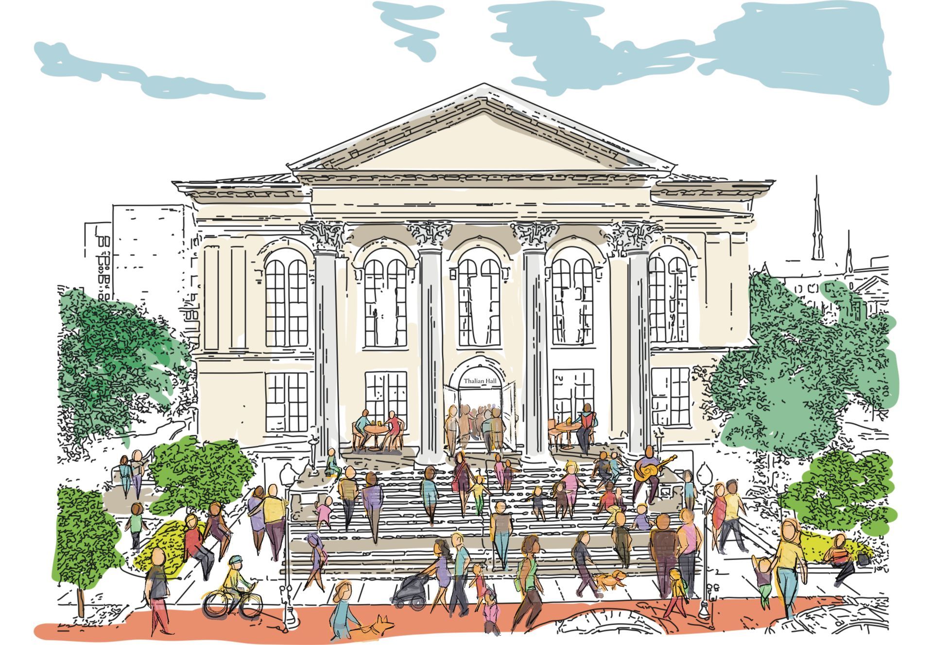 Crowd gathered on the steps of a neoclassical building with columns, under a bright sky.