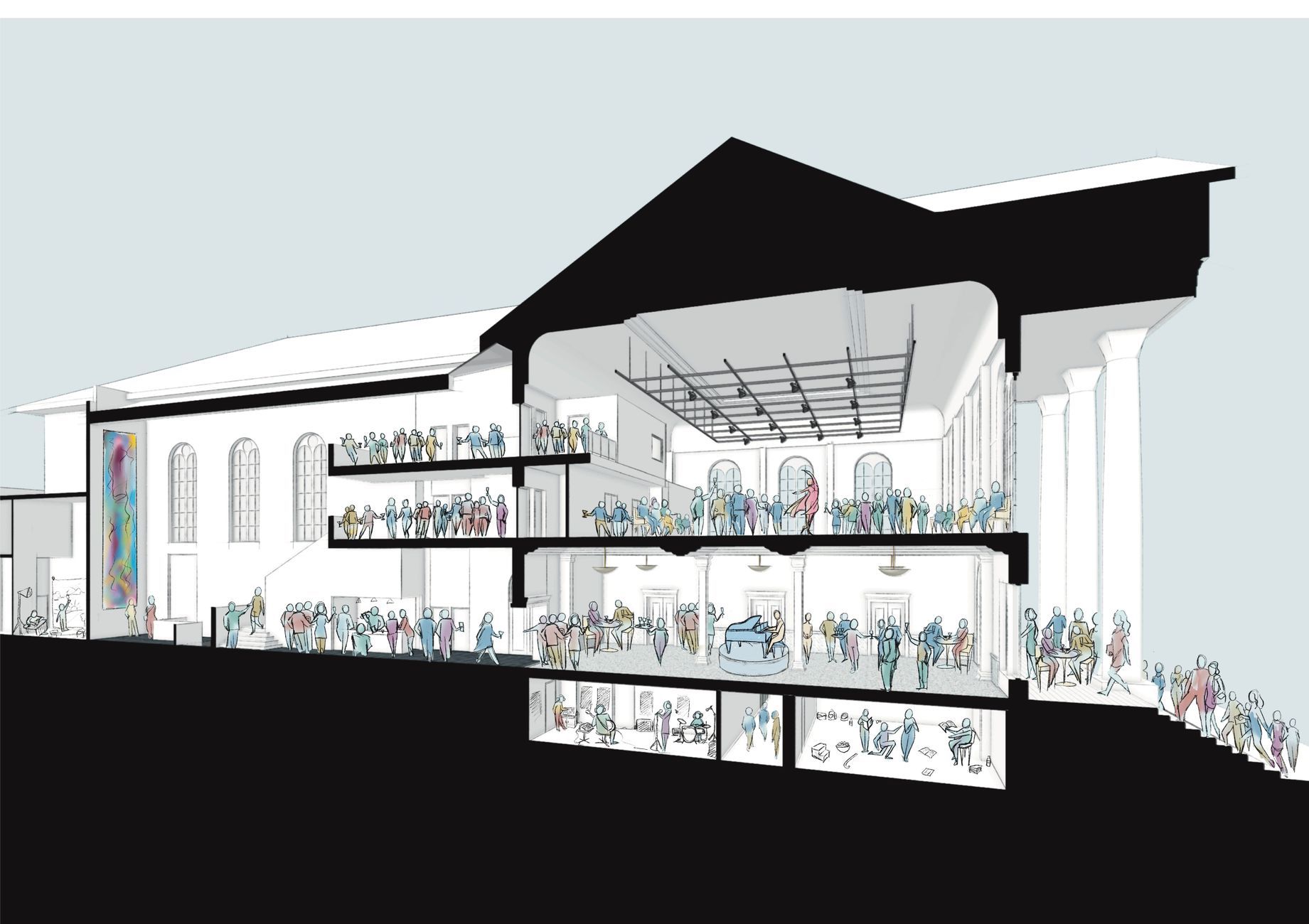Cross-section of a multi-level building with people inside, showing interior spaces and a dark roof silhouette