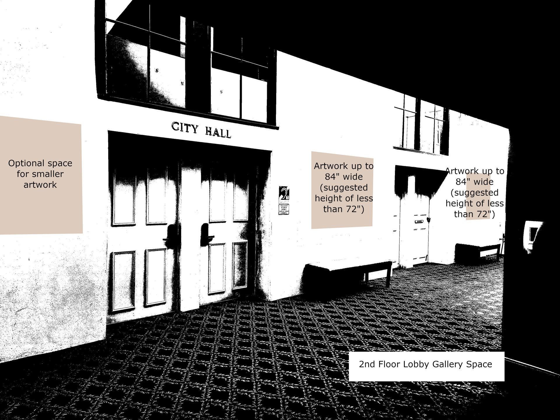 City Hall entrance with signs and tiled floor in a high-contrast black-and-white scene