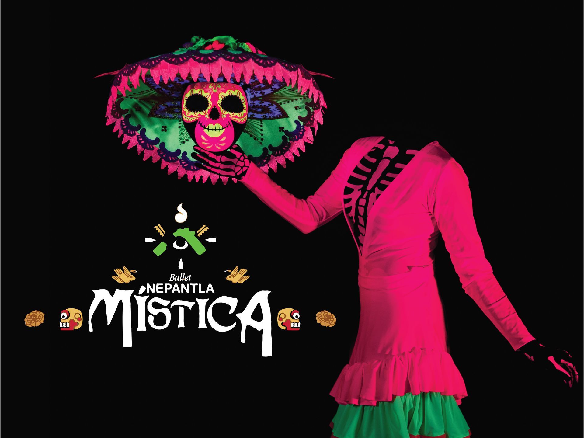 Pink skeletal dancer wearing a flowered hat beside the text “LA NIÑA MÍSTICA” on black background