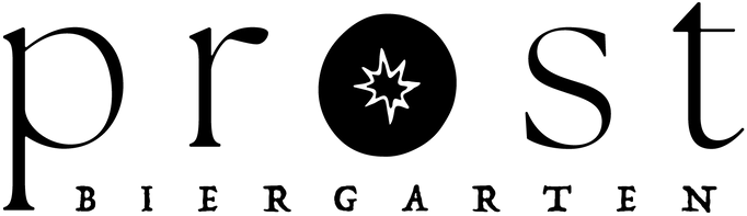 Prost Biergarten logo in black and white with stylized lettering and a starburst inside the “o”