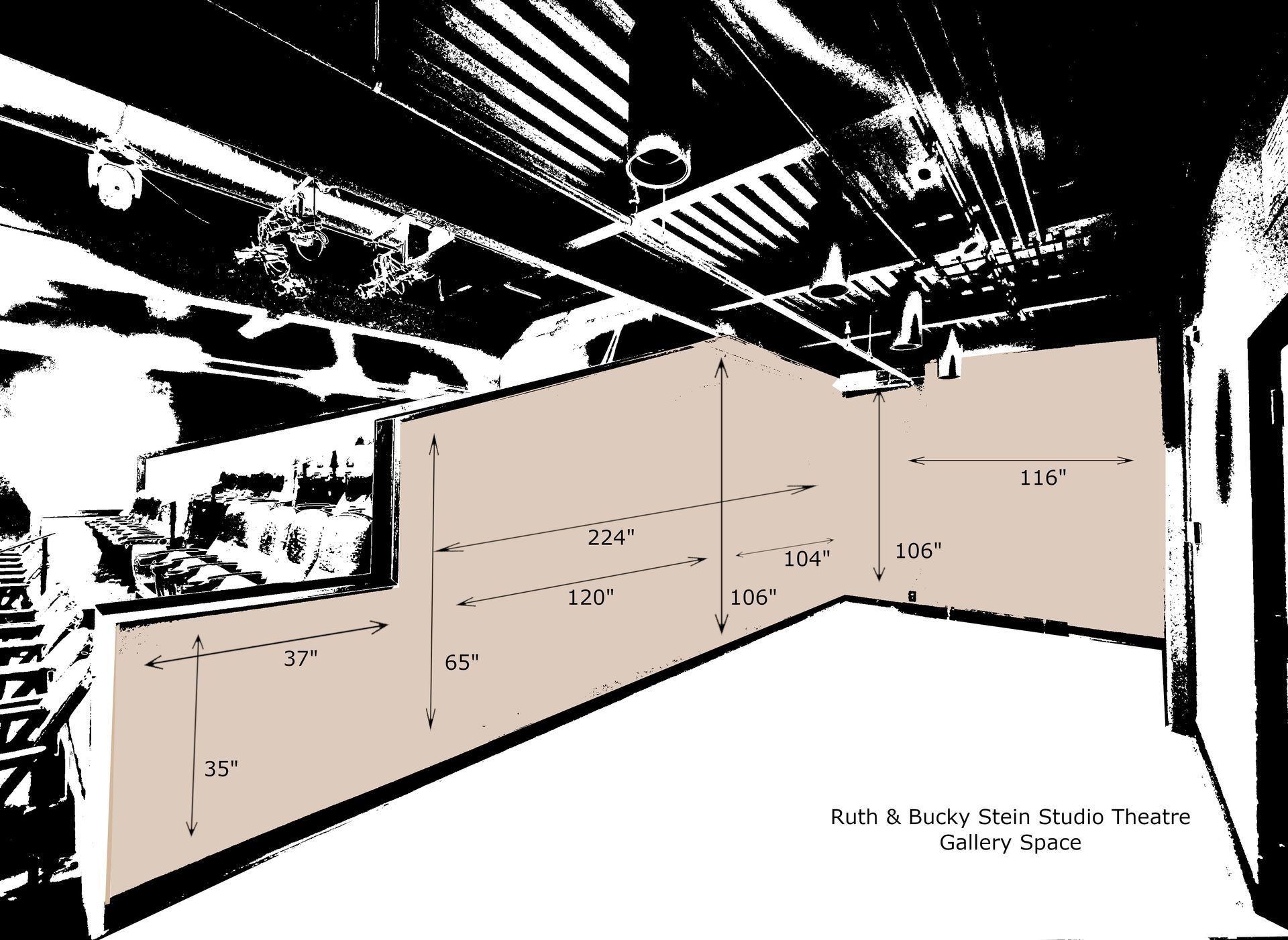 Store aisle with beige display panels and black-and-white ceiling beams, shown in perspective view