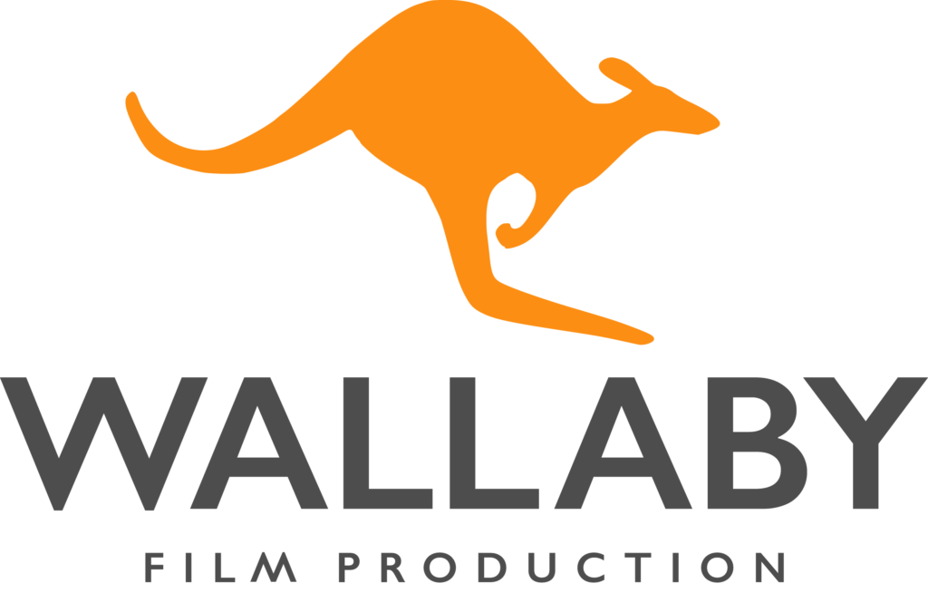 Orange kangaroo logo above gray text reading “WALLABY” with “FILM PRODUCTION” below