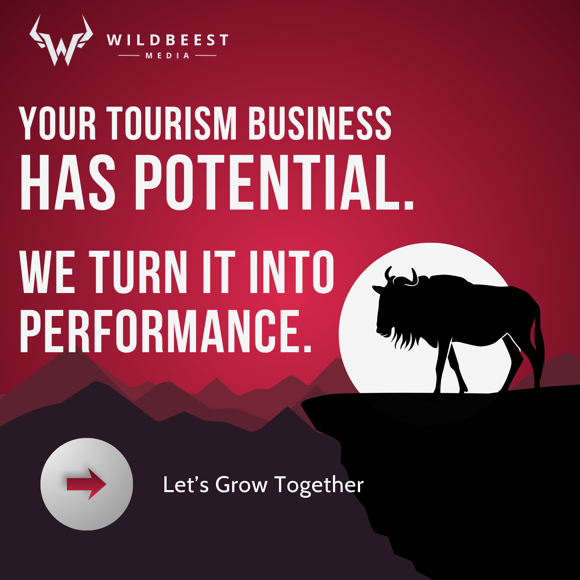 A silhouetted wildebeest and red landscape, saying “Your tourism business has potential.”