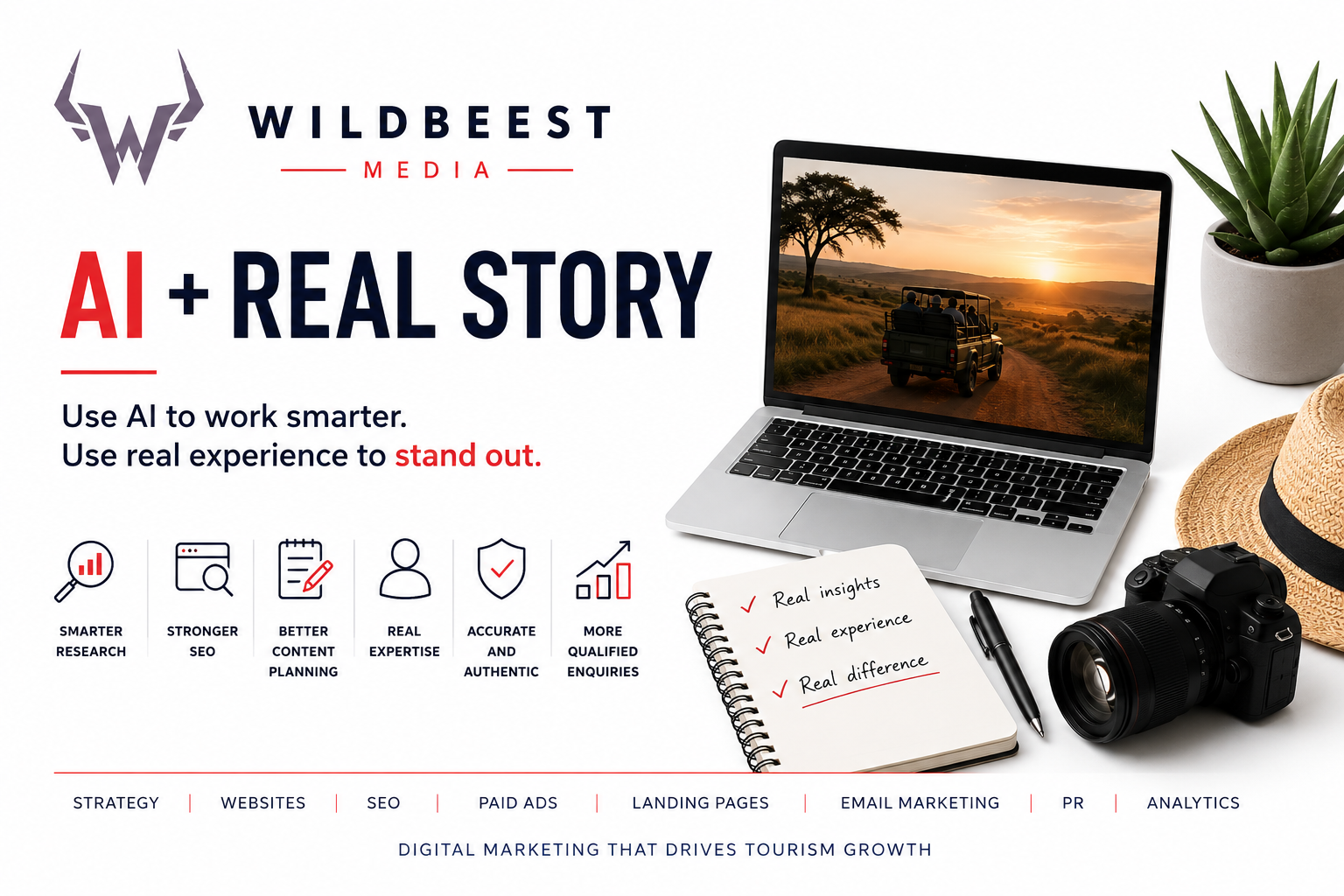 Wildbeest AI and Real Story marketing banner with laptop, notebook, camera, and plant on a white desk