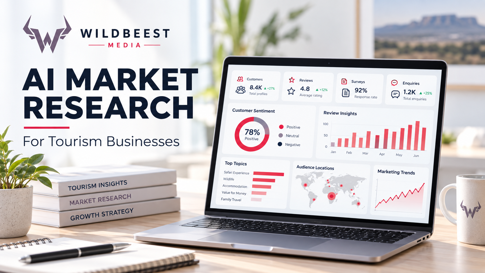 AI market research for tourism businesses on a laptop dashboard with charts and graphs