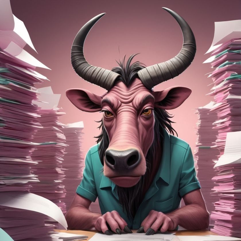A bull with horns is sitting in front of a pile of papers