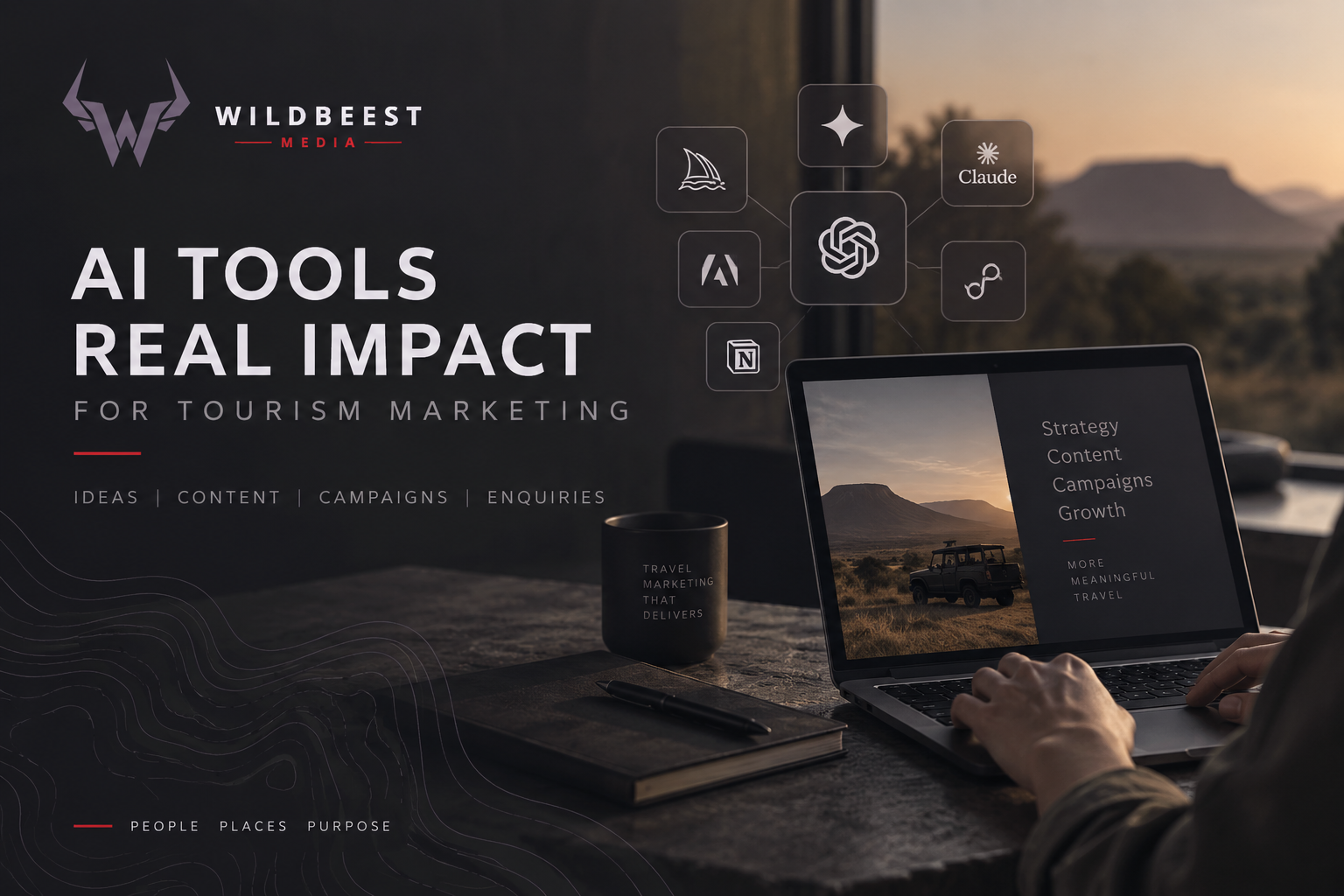 Laptop on desk with marketing dashboard over a dusk landscape, titled “AI Tools, Real Impact”