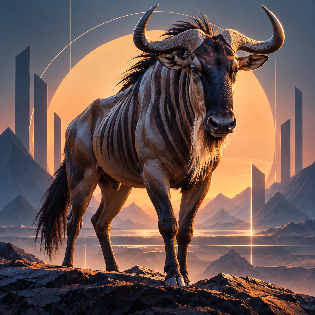 Stylized wildebeest standing on rocky ground before a glowing orange sun and futuristic monoliths