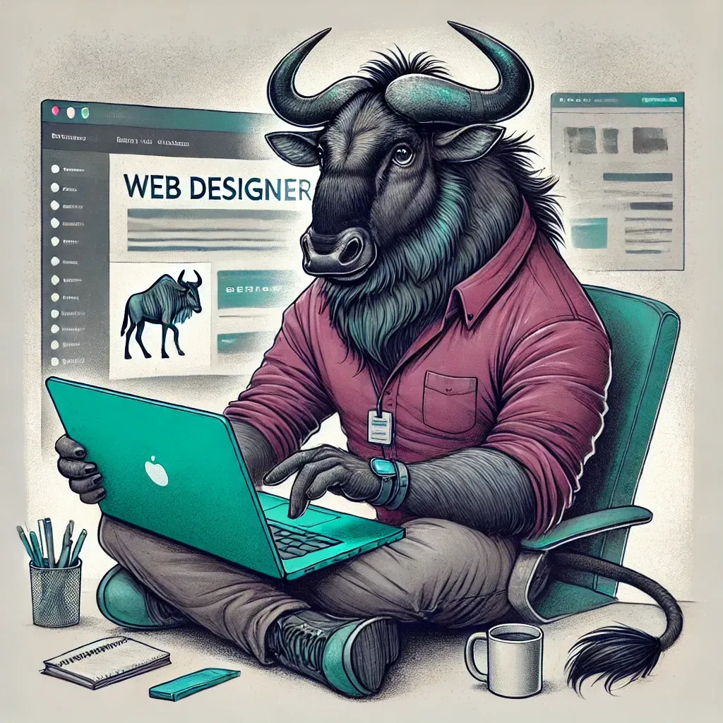An illustration of a wildebeest sitting in a chair using a laptop computer.