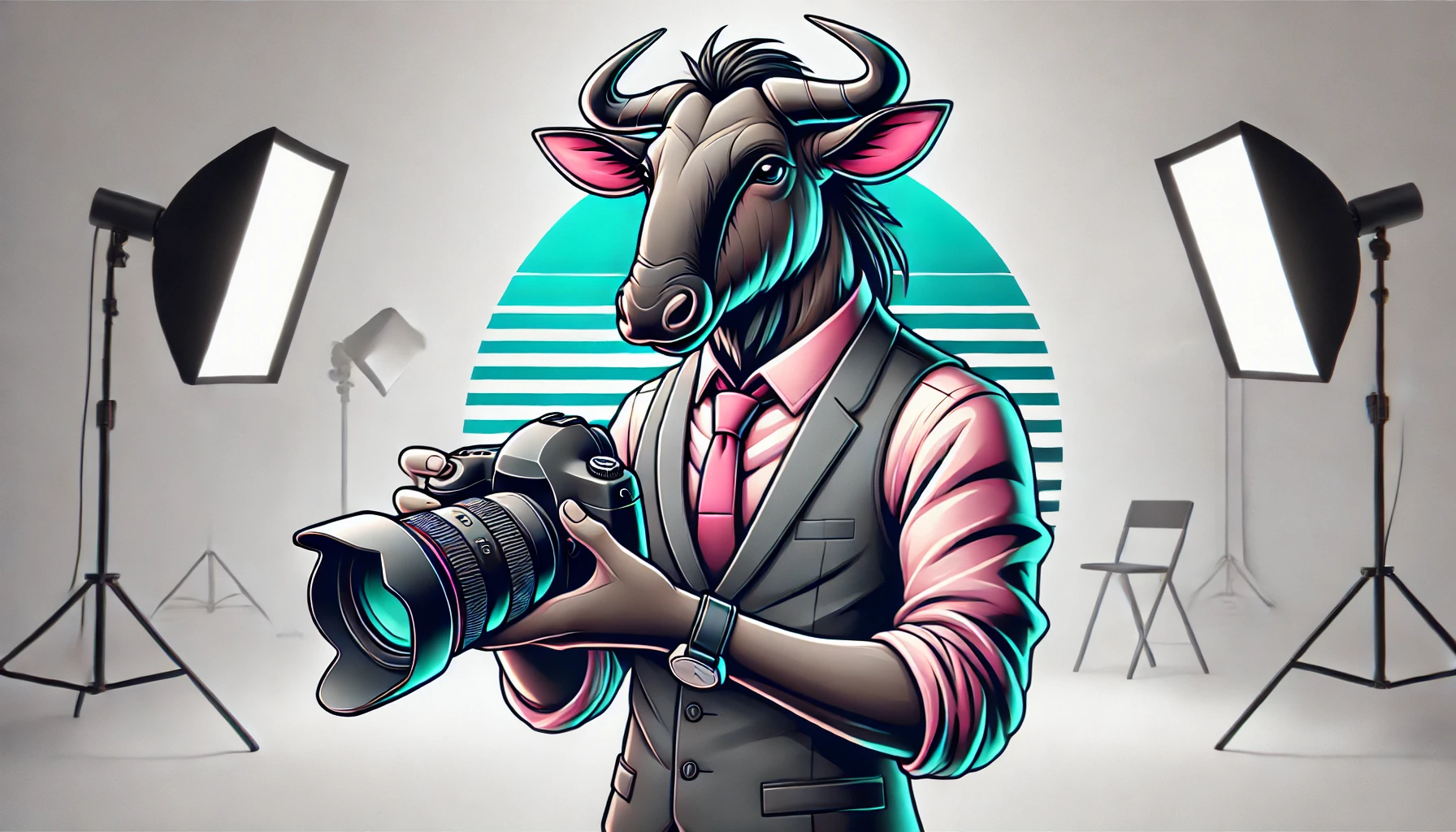 A man with a goat head is holding a camera in a photo studio.