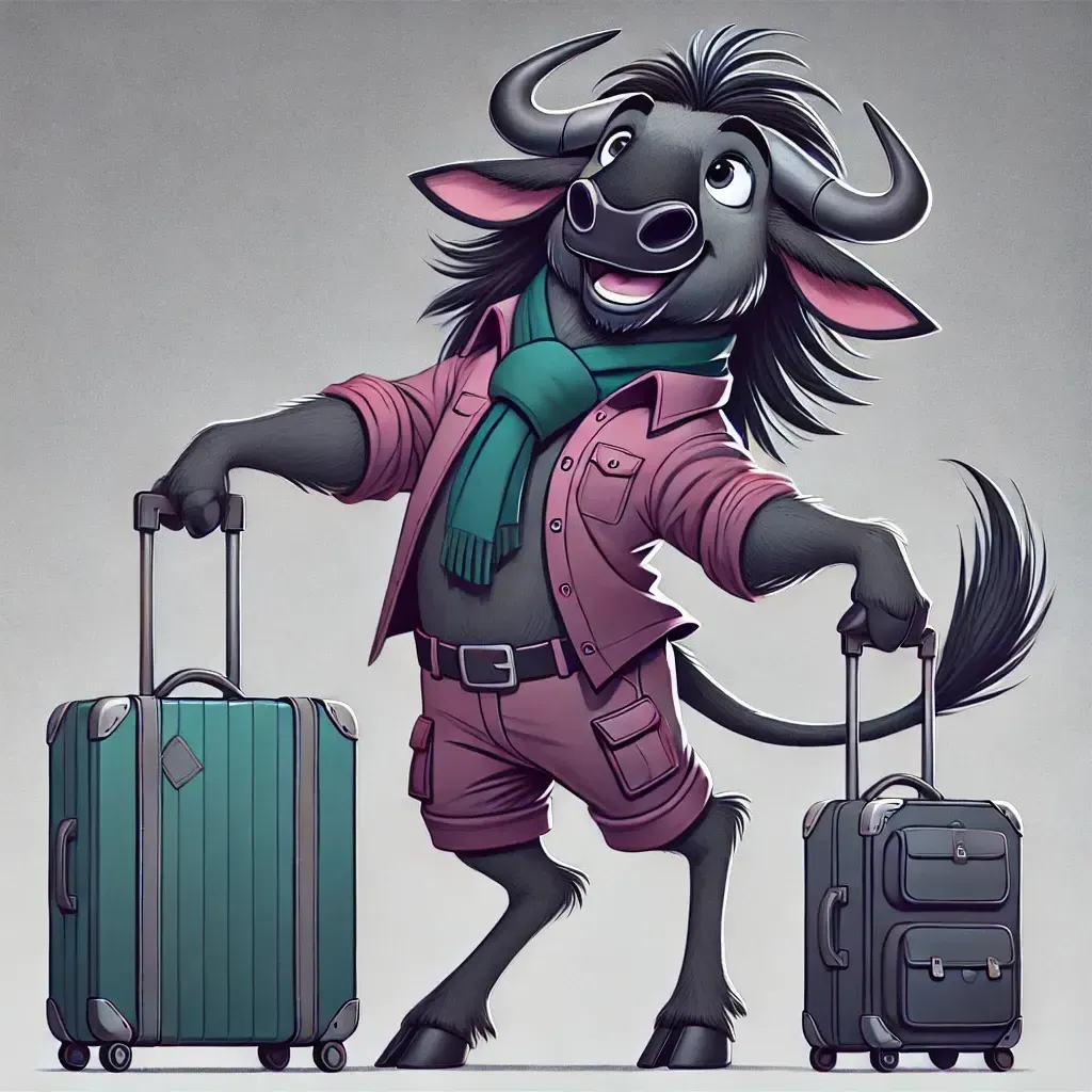 A cartoon illustration of a wildebeest holding two suitcases