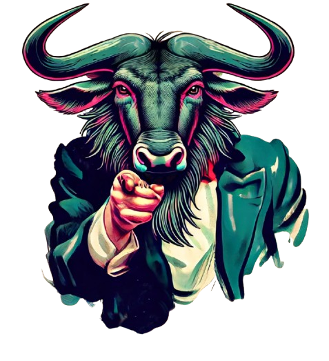 Stylized bull-headed figure in a suit, pointing forward against a white background
