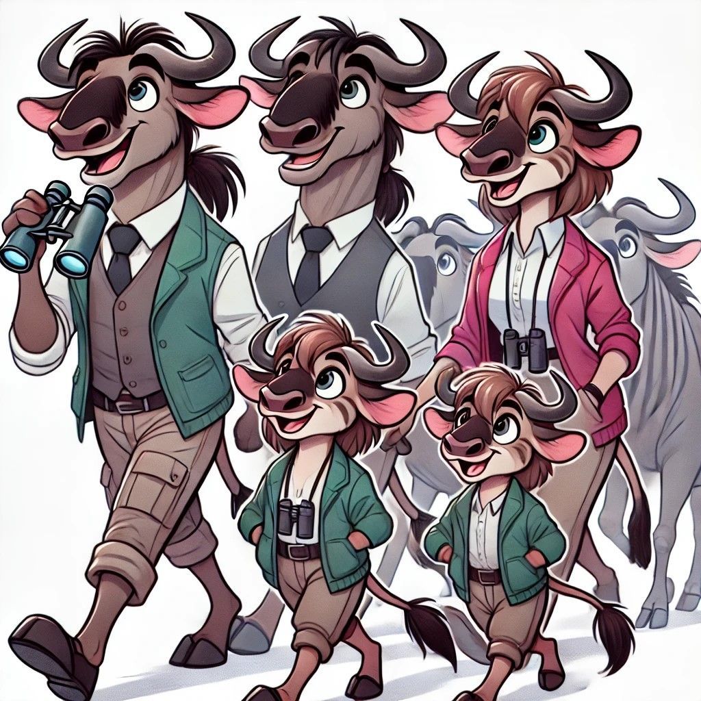A cartoon illustration of a family of wildebeest walking together.