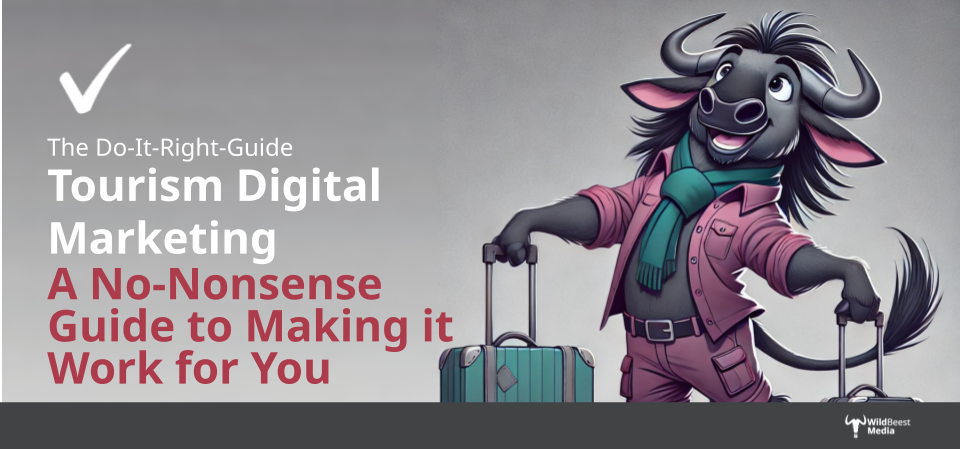 A cartoon of a bull holding a suitcase with the words tourism digital marketing a no nonsense guide to making it work for you