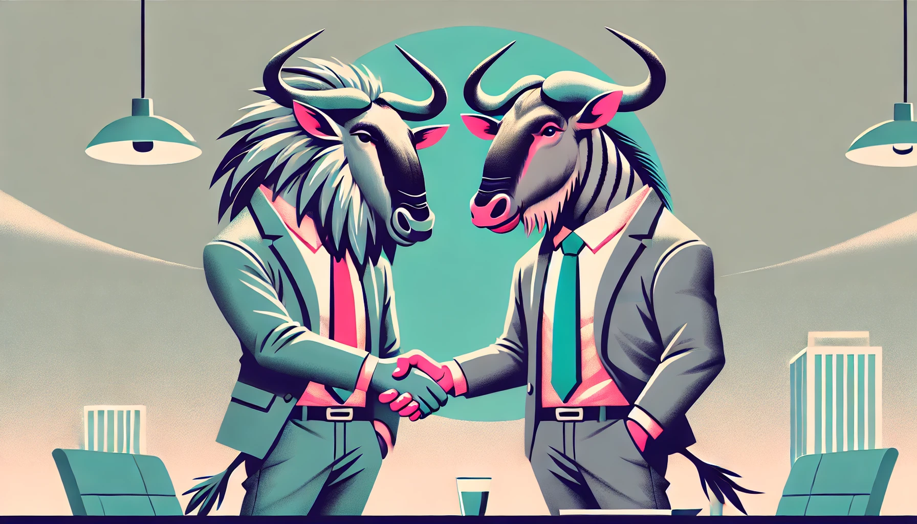 Two wildebeest in suits and ties are shaking hands.