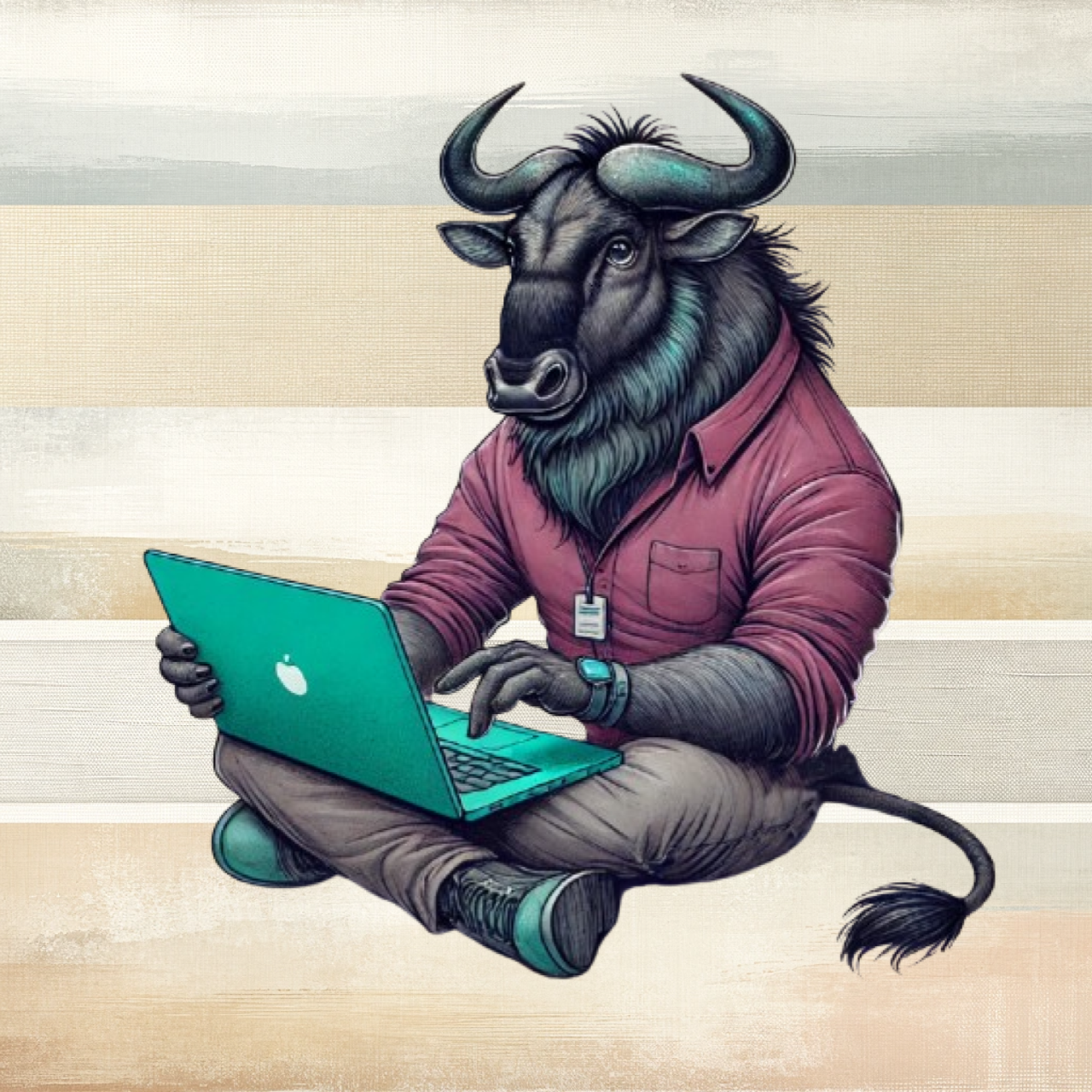Wildebeest bull using a teal laptop while sitting cross-legged against a striped background