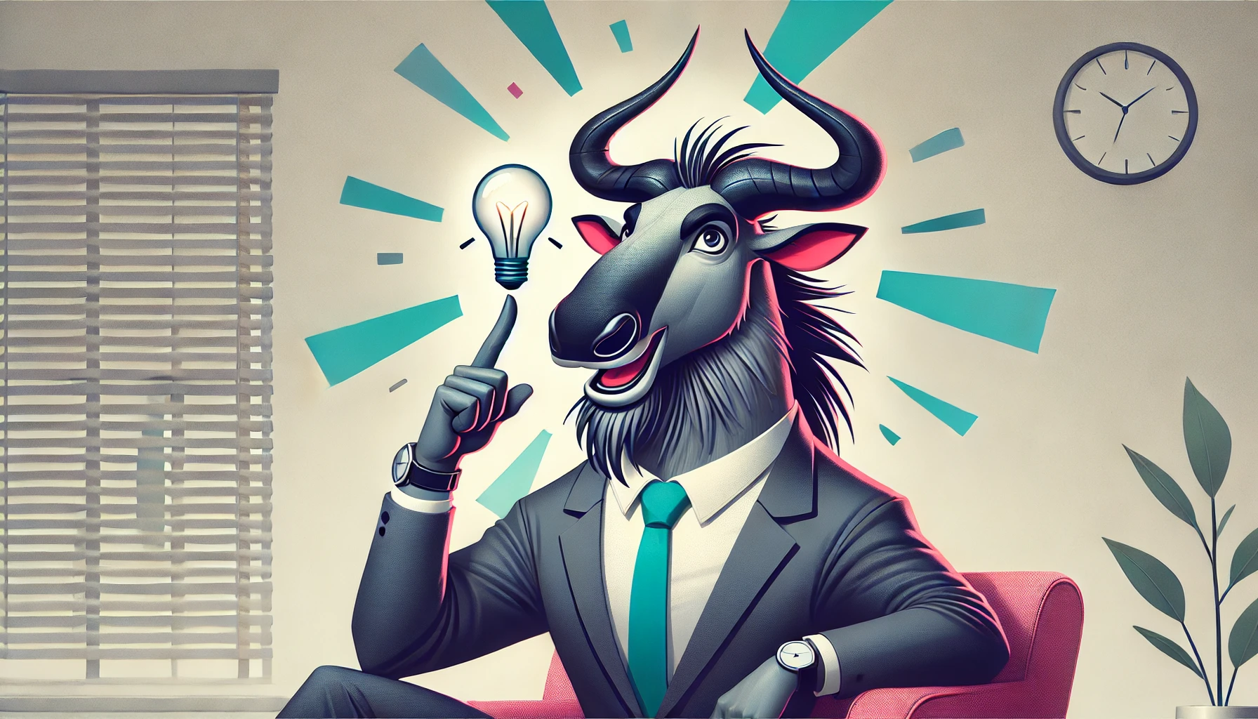 A cartoon of a bull in a suit and tie holding a light bulb.
