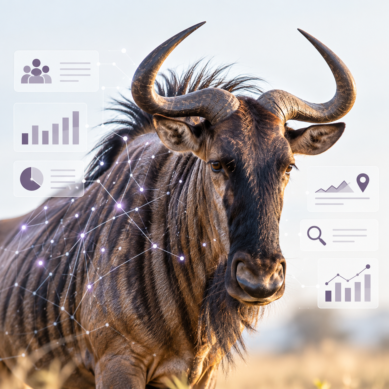 Wildebeest with glowing data icons and charts overlayed, standing in a dry savanna.
