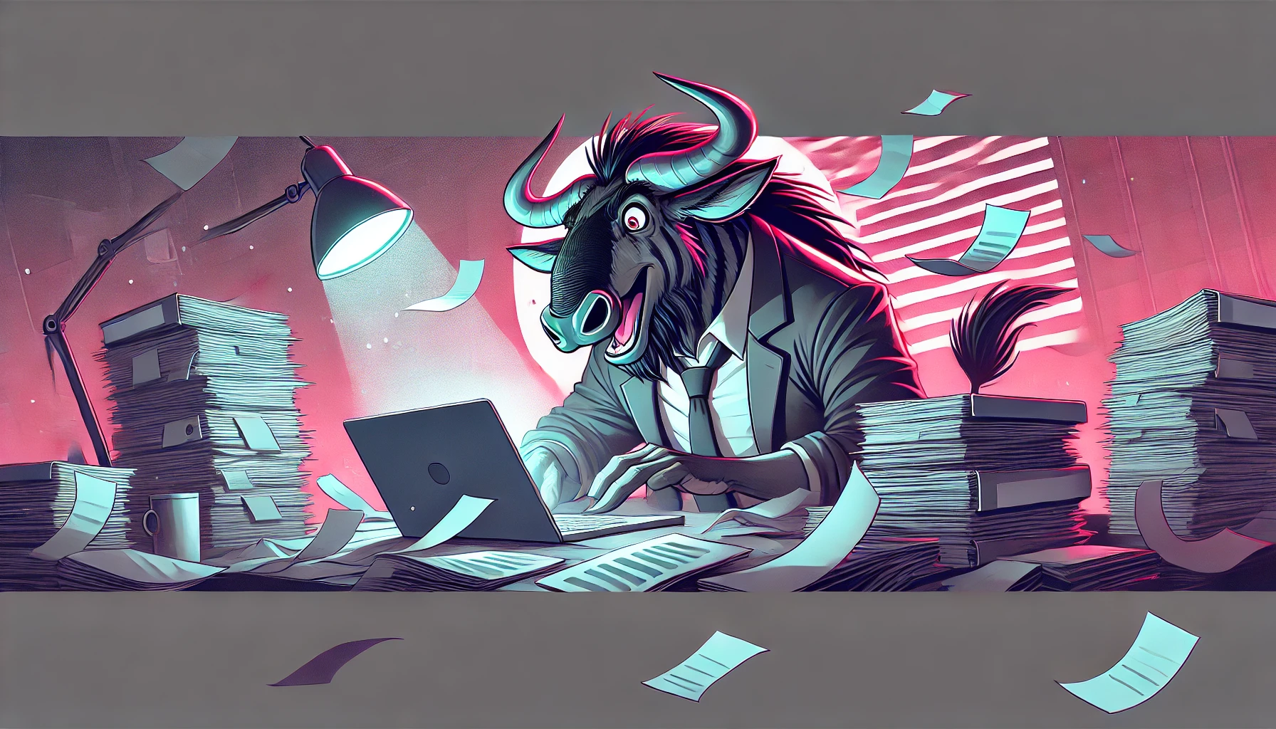 Bull-like figure at a laptop amid towering paper stacks and flying sheets in a pink office scene
