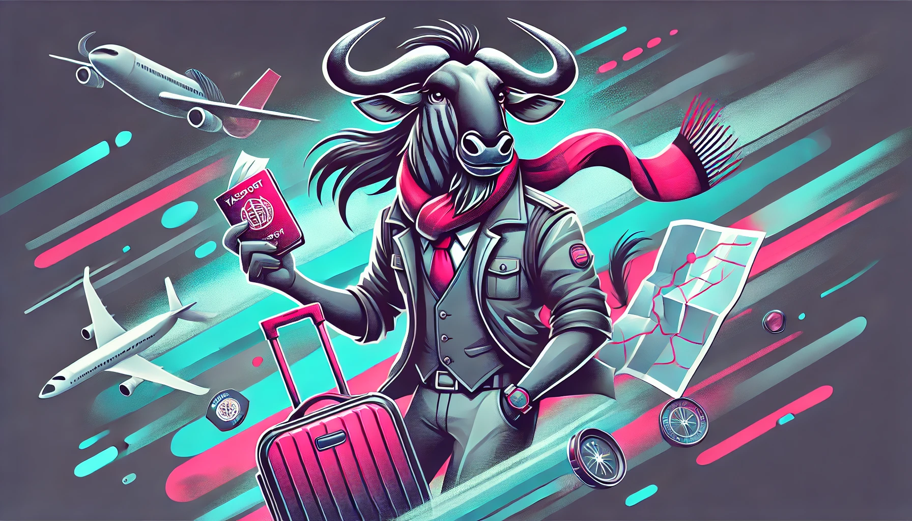 An illustration of a bull holding a passport and a suitcase.