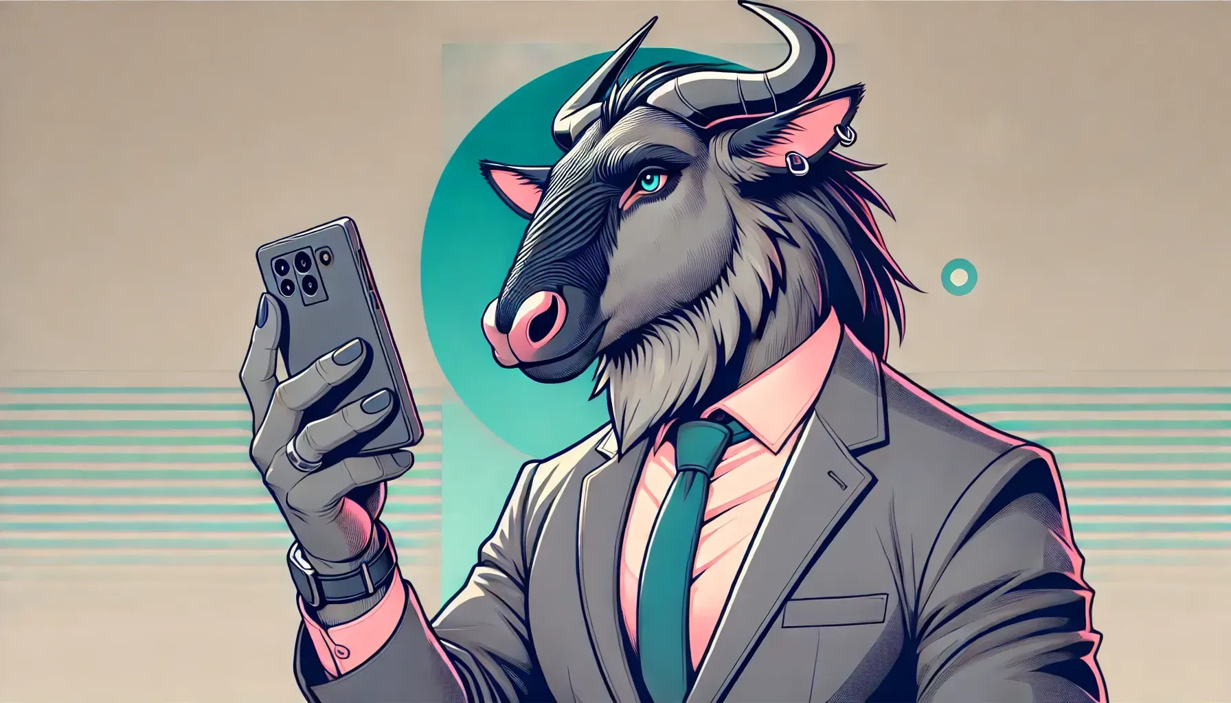 A drawing of a bull in a suit and tie holding a cell phone.