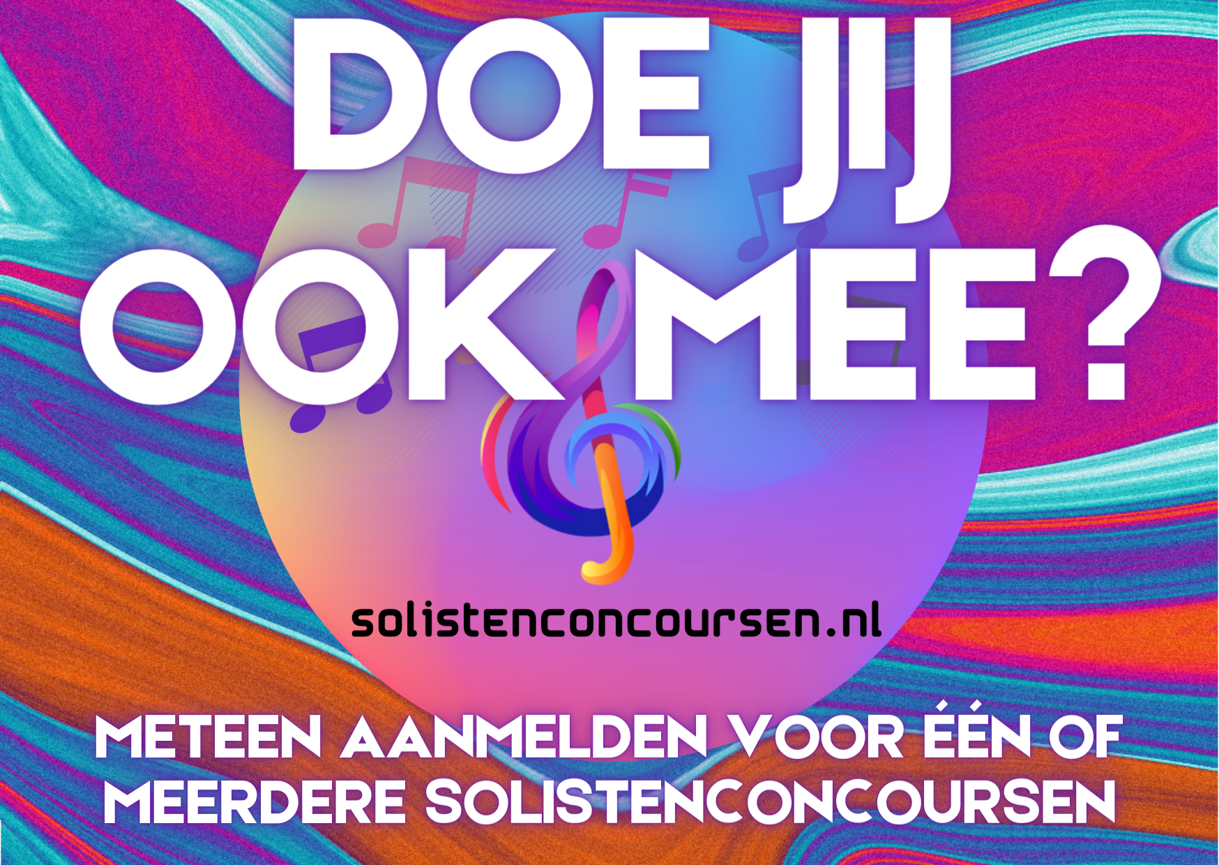 Announcement for solistenconcoursen.nl, with colorful abstract background. Text: