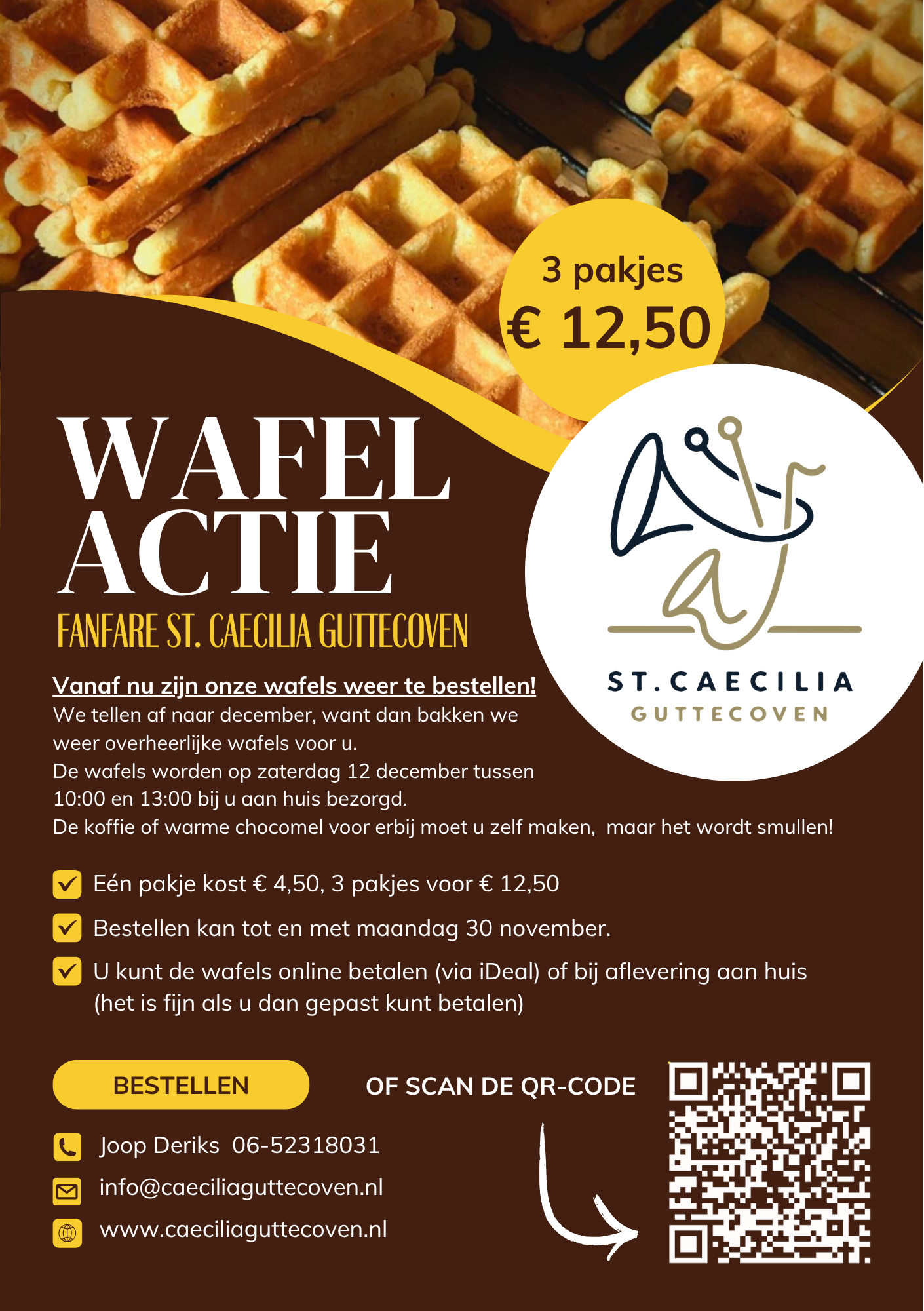 Bruine promotieposter met wafel voor St. Cecilia Outdoofeest, met logo, QR-code en een aanbieding van €12,50 in een geel label