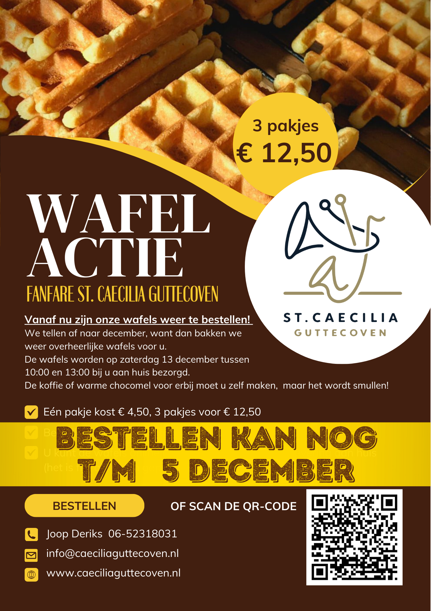 Flyer voor de wafelverkoop van St. Caecilia Buttehoven met een afbeelding van een wafel. Bestellingen worden aangenomen tot 5 december.