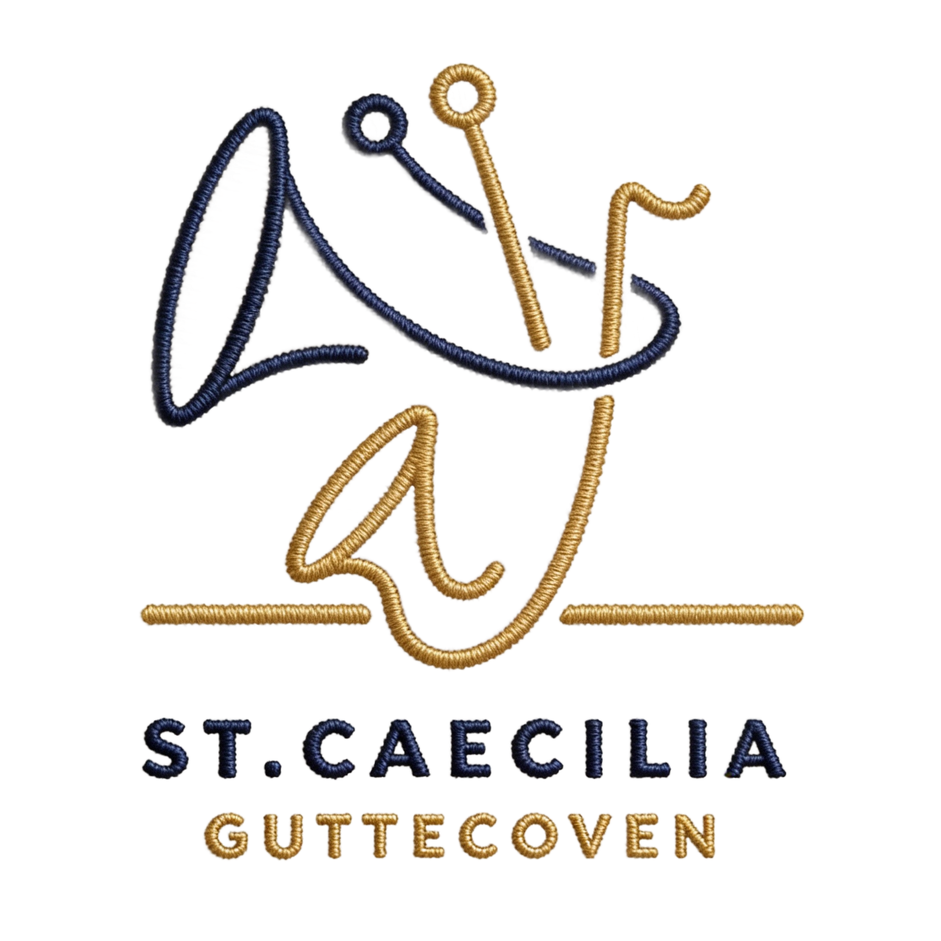 Logo voor het St. Caecilia Guttehoven-orkest, met een gestileerde hoorn en dirigeerstok in blauw en goud.