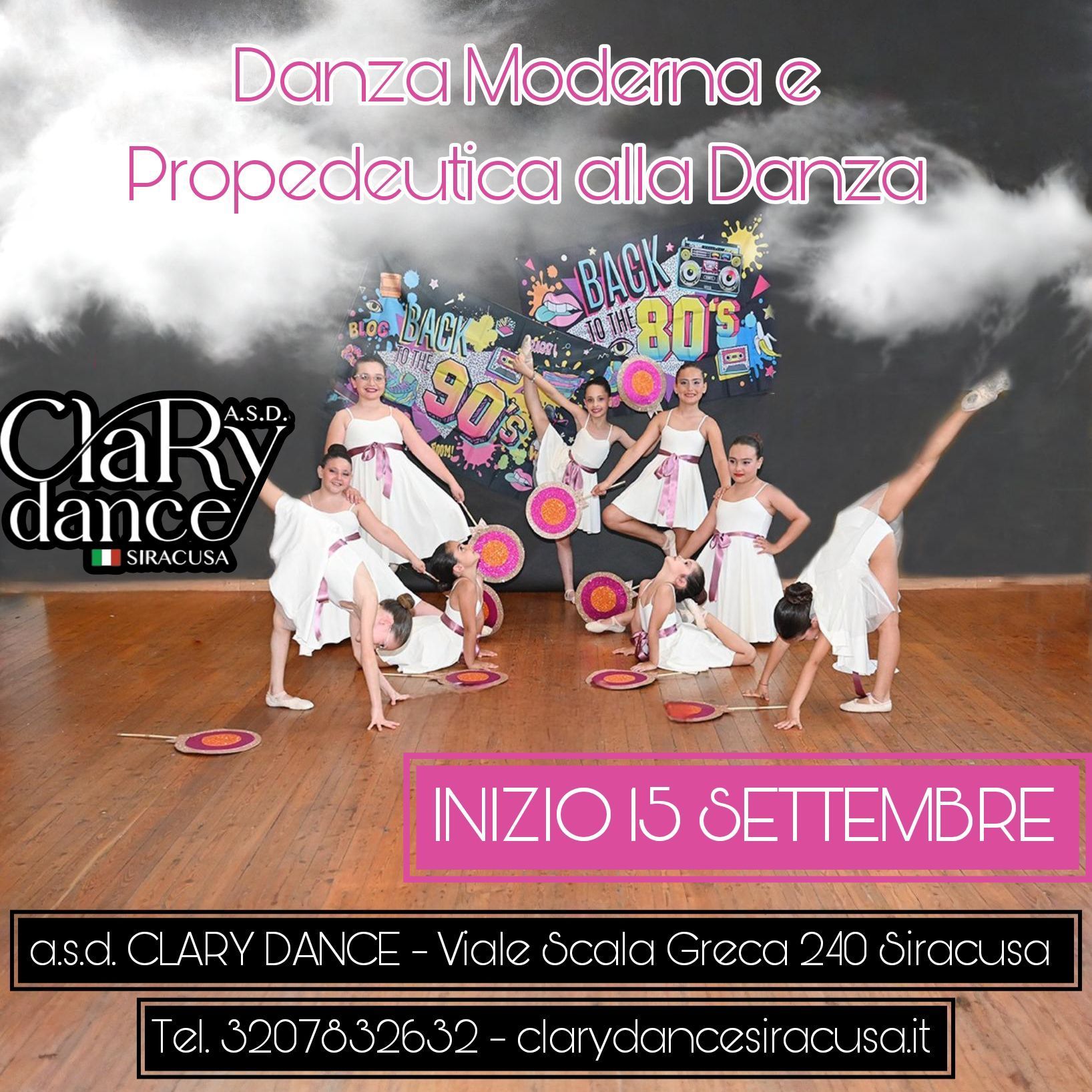 Dance class advertisement: girls in white dresses perform. Text: