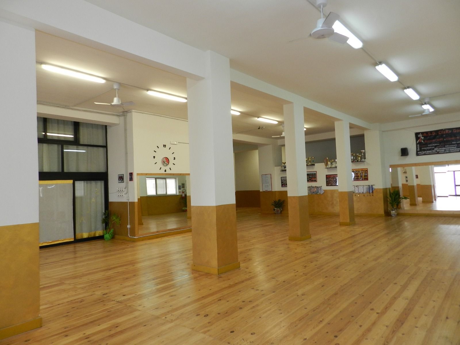Studio di danza vuoto con pavimento in legno, colonne bianche e specchi alle pareti.
