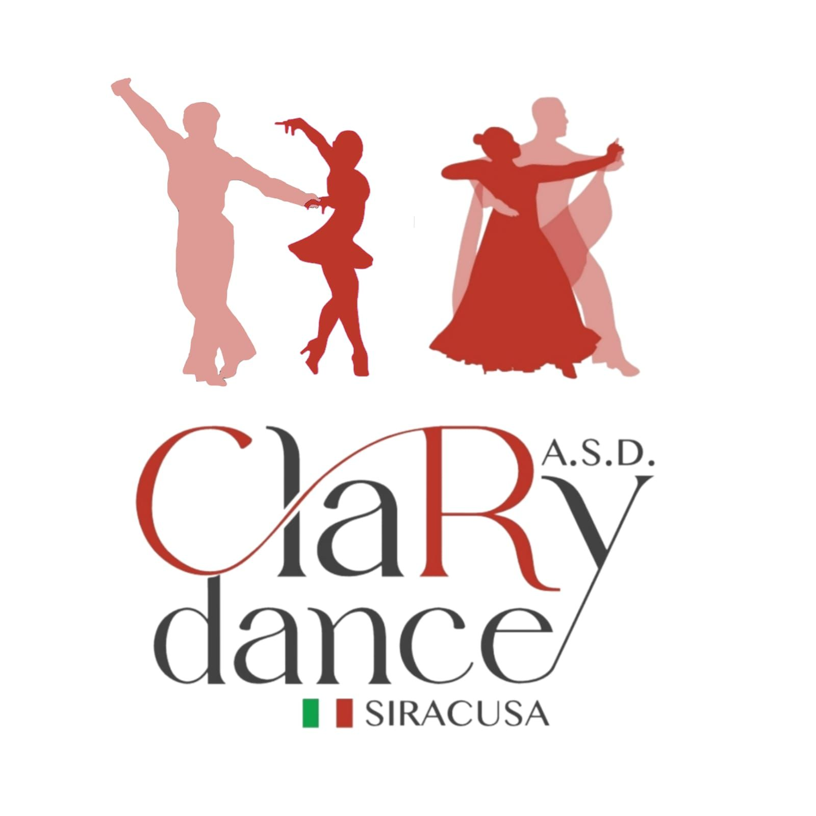 Logo per Clary Dance: sagome di ballerini sopra il testo. Rosso e bordeaux. 