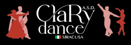 Logo di Clarydance in caratteri bianchi su sfondo nero, con una sagoma rossa di ballerini e la bandiera italiana.