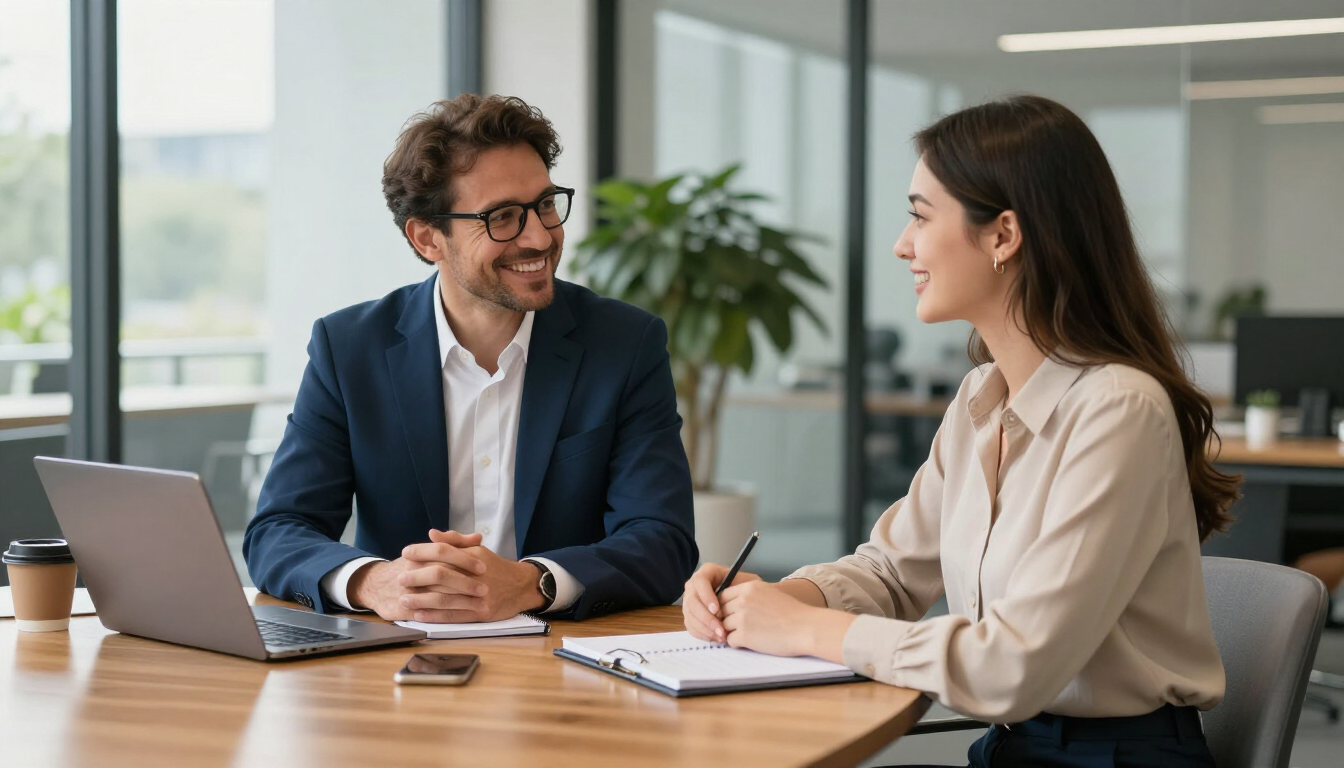 Two people in suits having a meeting in an office