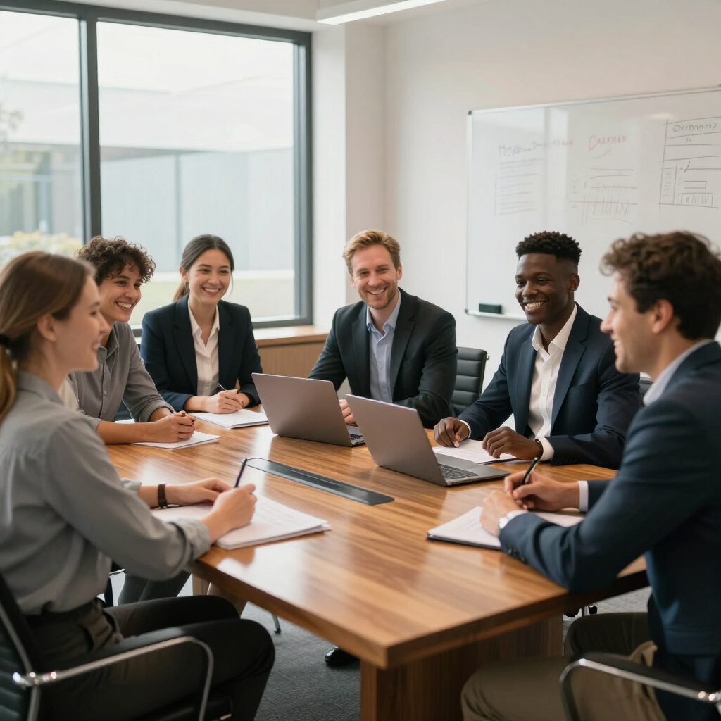 Smiling people in suits sitting at a conference table having a meeting