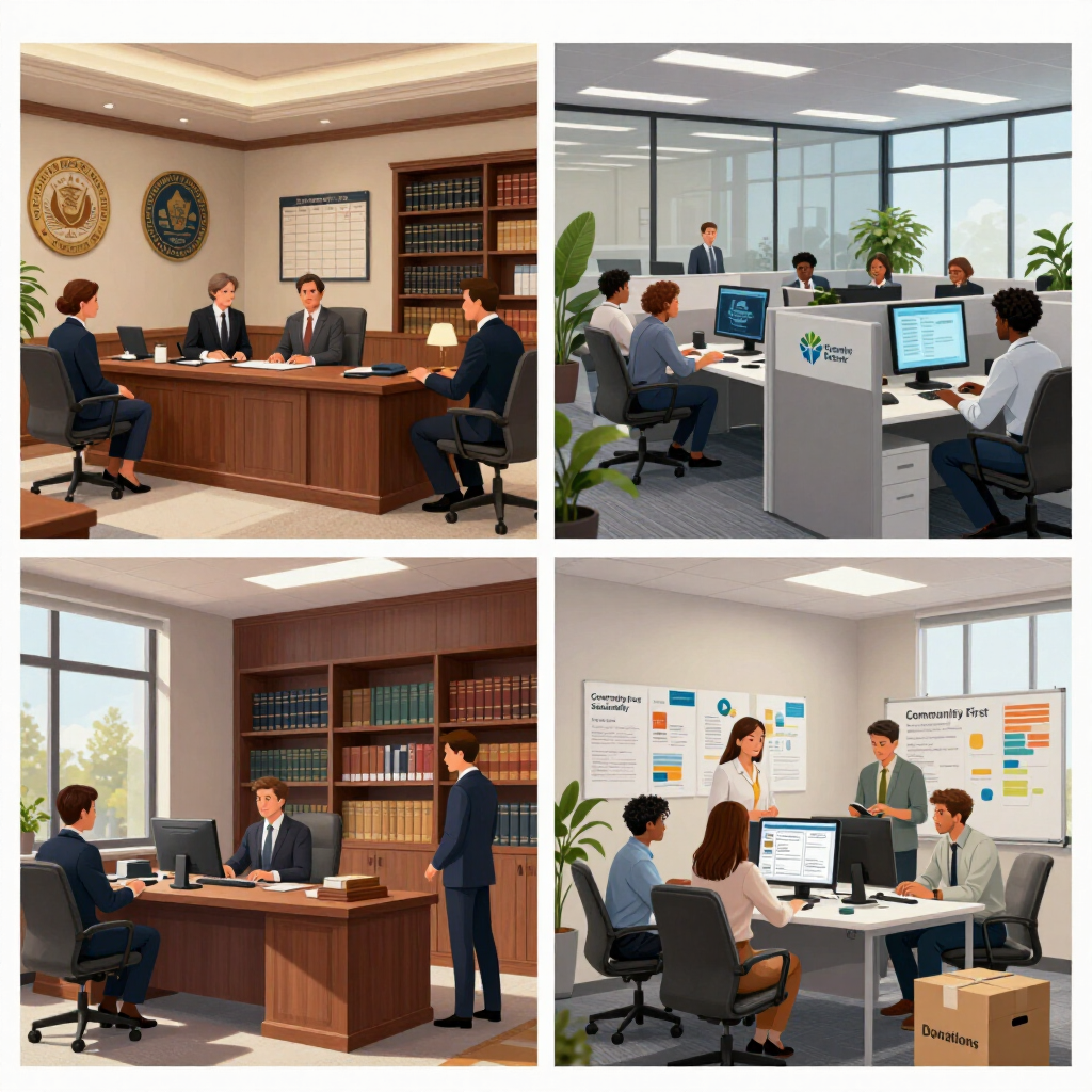 Four office meeting scenes with people in conference rooms and workspaces, discussing projects and laptops.