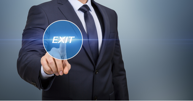 Corporate employee pressing graphic image of an 'Exit' button.