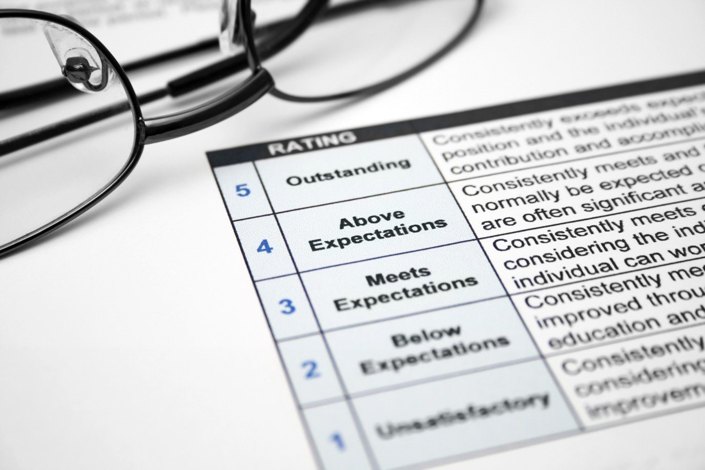 A salary review document with glasses sitting on top of it