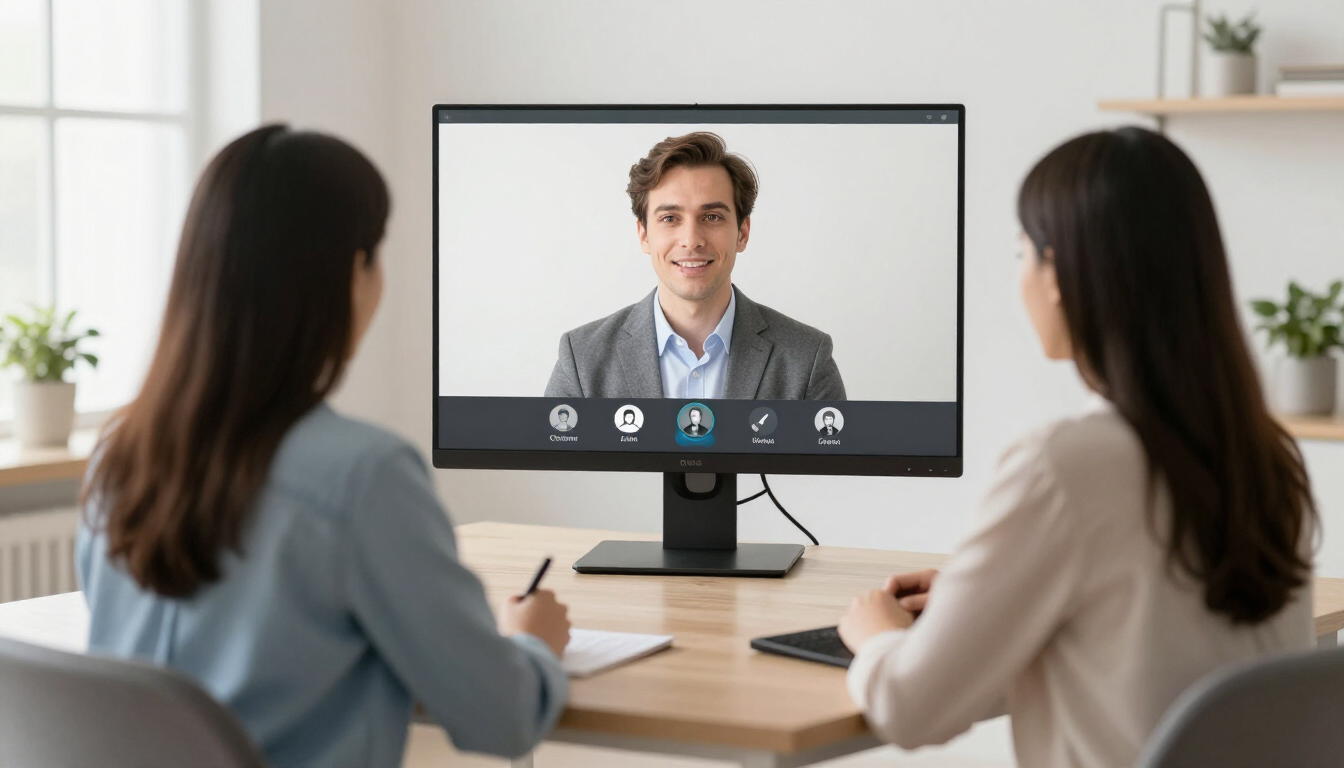 Two people on a video call with a person