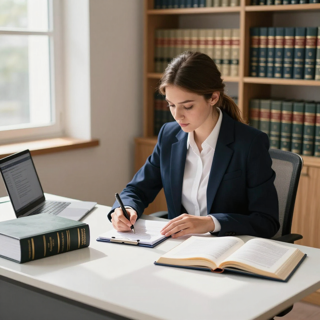 Lawyer taking notes at a desk beside an open book and laptop in a library office