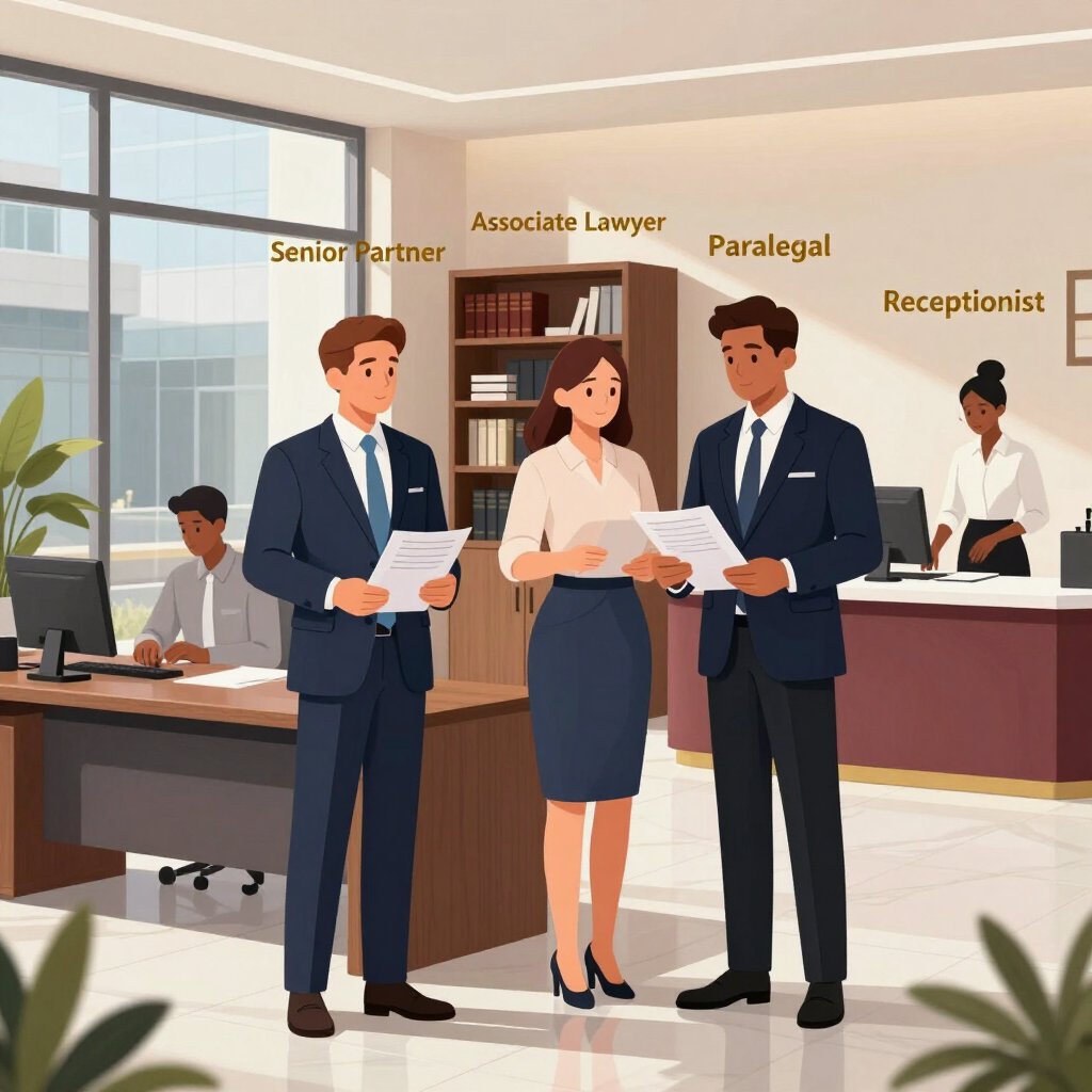 Three professionals in business attire stand in a modern office lobby with labels for their roles.
