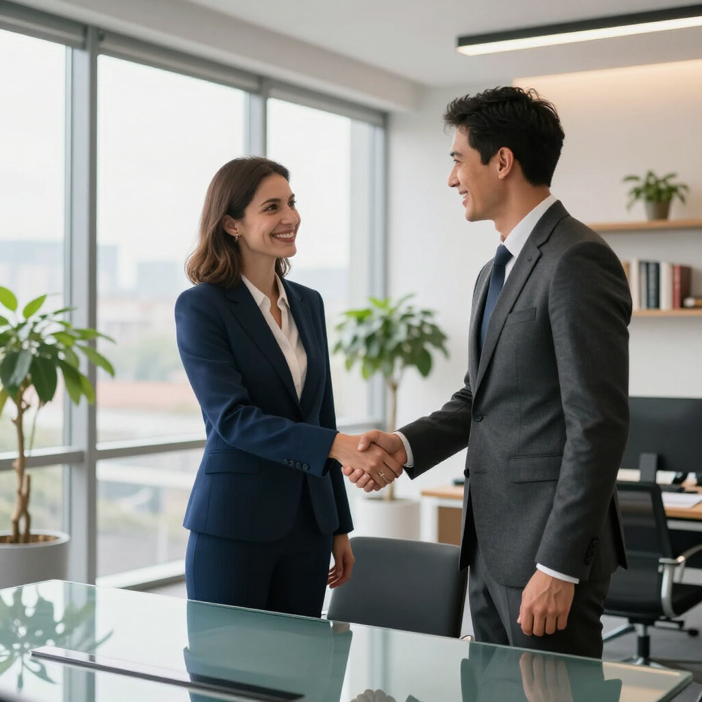 Two business professionals in suits shaking hands in a bright office.
