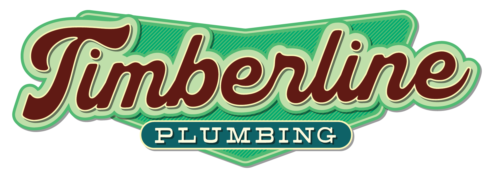 Timberline Plumbing logo with red script text on a green banner and blue subtitle
