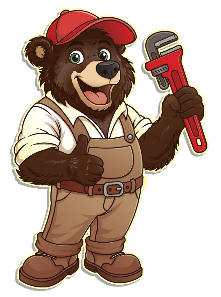 Cartoon bear mechanic in red cap holding a wrench, wearing work overalls and boots, smiling.